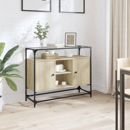 Somanki Sideboard mit Glasplatte Sonoma-Eiche 98x35x81 cm Holzwerkstoff, Kommode Schlafzimmer, Kommoden & Sideboards, Wohnzimmerschrank, Flur Kommode, Zimmer Möbel - 846070