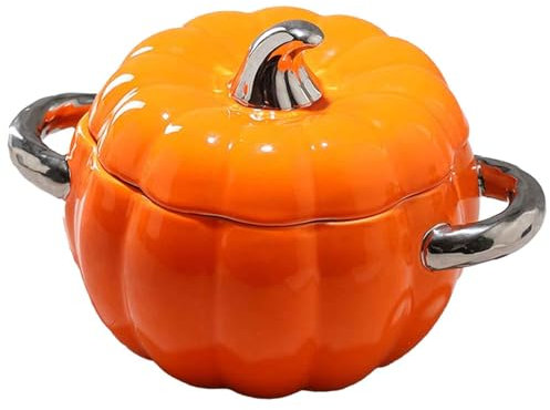 KRODEAIR Cuenco de cerámica con Forma de Calabaza con Tapa, sopera de cerámica de 2 l, Bonito Cuenco con asa, Cuenco para Postre o Sopa, vajilla Decorativa Antiadherente para Acción de Gracias,Orange
