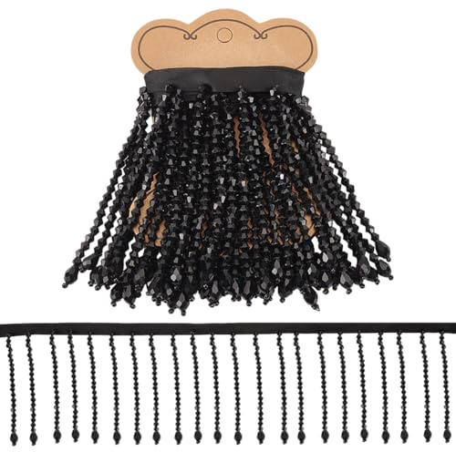 BENECREAT Adorno de Flecos de Cristal de 0.9 m, Cinta con Borlas de Cuentas de Vidrio Negras, Costura de Flecos con Cuentas para Pantallas de Cortinas, Ropa de Vestir Y Decoración del Hogar