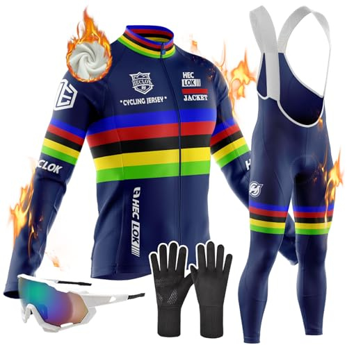 Abbigliamento Ciclismo Uomo Invernale Tuta da Ciclista Manica Lunga Completo Strada MTB Bici,con 9D Imbottiti Gel, Maglia Bicicletta Termico Vello Giacca e Pantaloni Salopette