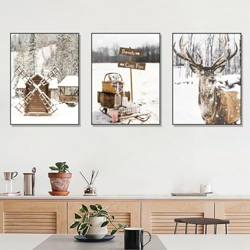 champracer Winter Poster 3er Set, Winter-Schneelandschaft Elch Holzhaus Bilder, Modern Weihnachtsdekoration Deko für Wandbilder Wohnzimmer Schlafzimmer, Ohne Rahmen (30x40 cm)