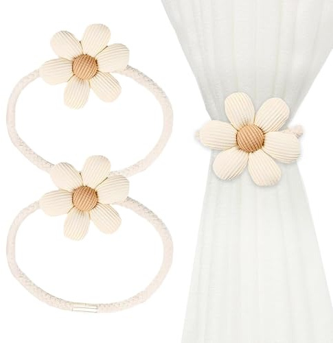 Raheem 2Pcs Magnetic Curtain Tie Backs Flower Shaped Holders with Strong Magnets for All Curtains No-Tools Installation Beige Fabric Tiebacks for Living Room Bedroom Home Decor