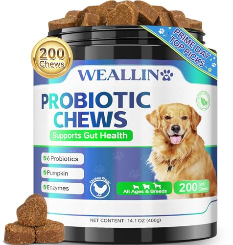 WEALLIN Probiotika für Hunde, Präbiotika & Enzyme, 200 Stück | Unterstützt Darmgesundheit, Verdauung und Nährstoffaufnahme mit Probiotika, Präbiotika und Enzymen. Hähnchengeschmack