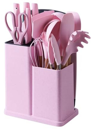 MY HOMIE 19 PCS Silicone Cooking Utensils Set with Wooden Handle, Heat-Resistant Non Stick Kitchen Utensils Set for Baking, Mixing and Serving, Essentials Kitchen Tools for New Homes and Gifts - Pink