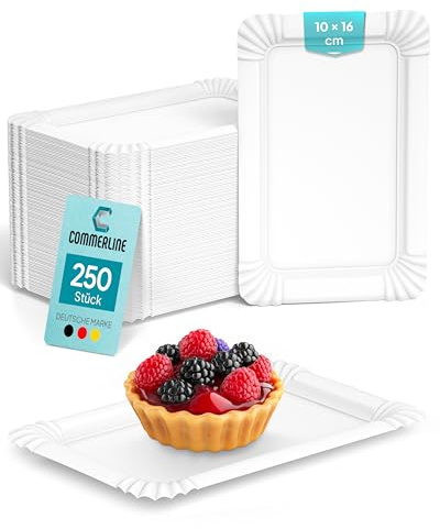 Commerline 250 Stück Rechteckige Pappteller (10x16 cm), Einwegteller für Party & Gastronomie, Umweltfreundliches Einweggeschirr, Stabile Servierteller & Papierteller, Partygeschirr
