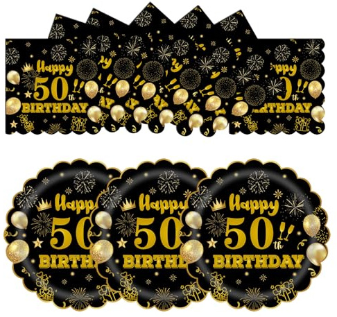 HFBOBP 50 Stück 50. Geburtstag Party Pappteller und Servietten, 17.78cm Einweg Schwarz und Gold Scalloped Dessert Partyteller Party für Hochzeit Jahrestag Dekorationen