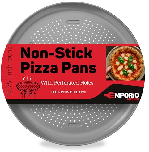 Emporio Kitchen Non-Stick Pizza Pan 1 Pack – 16 Inch Round Carbon Steel Pizza Tray with Perforated Holes, PFOAPFOSPTFE-Free, Dishwasher & Oven Safe Up To 450°F, Durable Nonstick Silver Coating