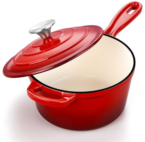 3 Quart Saucepan with Lid, Leonyo Enameled Cast Iron Sauce Pot, Large Enamel Cast Iron Dutch Oven Kitchen Cookware for All Cooktops Cooking Pasta, Soup, Milk - Up to 500°F & 8bs, Red