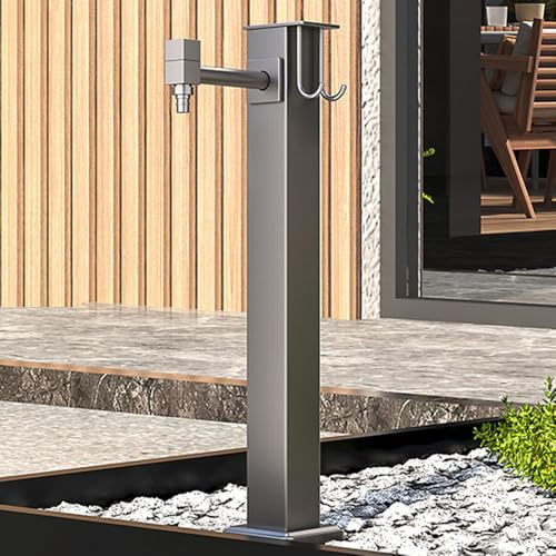 Gartenbrunnen aus Edelstahl mit Wasserhahn, Frostschutzhahn, dekoratives Wasserspiel, flexible Schlauchstütze, schwarze Oberfläche für Terrassen und Höfe