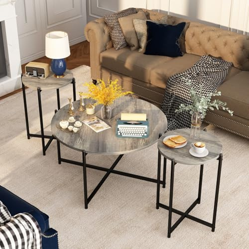 Lamerge Coffee Table Set of 3, Modern Faux Marble Top with Golden Frame, 1 Coffee Table & 2 Accent Table, Living Room Table Set, for Apartment, Office and So on, Grey