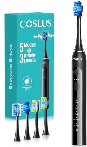 COSLUS C30 Cepillo de Dientes Eléctrico Sónico:5 Modes avec 3 Niveaux D'intensité - Conçu pour Les Dents Sensibles -Convient ‌À Une Utilisation ‌À Domicile ou en Voyage - Deux Types de Têtes de Brosse