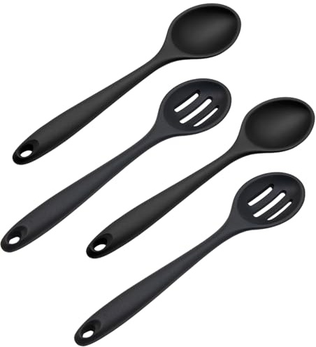 4Pcs Black Silicone Cooking Spoons Set, Slotted Spoon and Solid Spoon, Heat-Resistant Kitchen Utensils for Stirring, Mixing, Scooping, Draining Pasta and Vegetables, 20cm Non-Stick Silicone Spoons