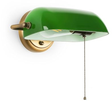 Aplique de Pared Vintage BANQUERO – Pantalla Verde, Soporte de Latón con Interruptor de Cadena. Casquillo E27, Estilo Clásico y Retro. Lámpara de pared para salón, dormitorio, oficinas