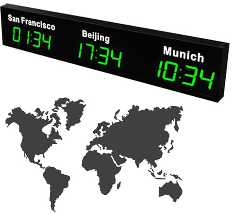 ANGDI Orologio mondiale a LED, orologio con 3/4/5 città, fusi orari multipli, personalizzabile in 12/24 ore e città, orologi digitali da parete con fusi orari per hotel e aziende(Green,3)