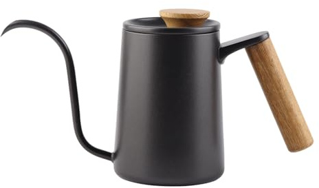 Nikou Caffettiera a goccia con beccuccio a collo di cigno in acciaio inossidabile con manico in legno e fori di ventilazione per gli amanti del caffè (Nera)