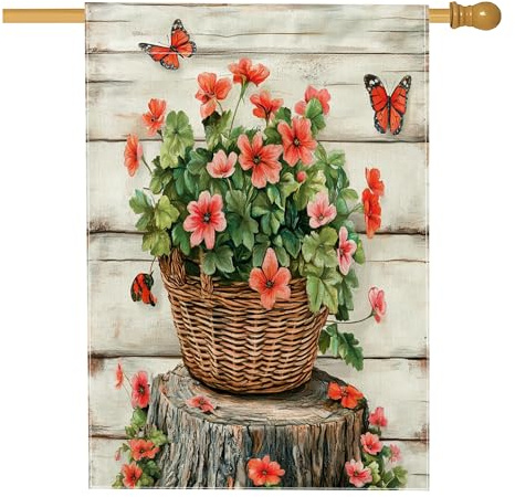 Banderas de geranio de primavera de 28 x 40 pulgadas, doble cara para decoración, cesta de flores de madera, mariposas, patio, lona para el hogar, banderas florales de arpillera para decoración de
