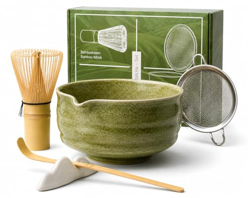 ZEEBERBO Matcha Besen Set 7-teilig Japanisches Teezeremonie Set, Keramik Matchaschale mit Ausguss, Bambuszubehör Sieb Löffel Halter, Für Die Zubereitung Von Matcha & Matcha Latte Zuhause (Grün)