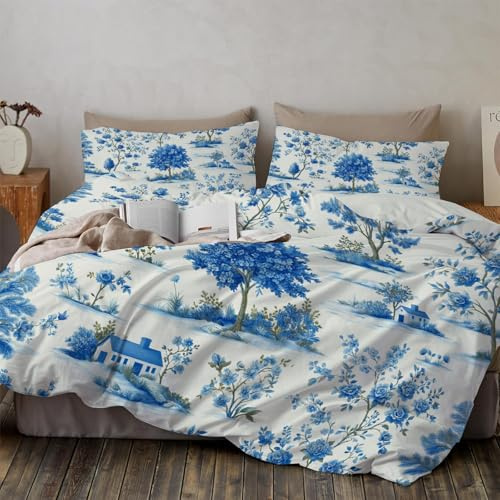 Twin Duvet Cover Sets Rural Scenery Bedding - Plants Houses Pattern Print Bedding Quilt Cover Set with 1 Pillowcases Microfibre Beddings 68x 90 ，Blue and White