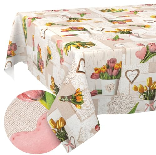 Nappe en Toile cirée - Lavable - Facile d'entretien - Effet Lotus - Nappe de Jardin - Printemps en cœur - 130 x 90 cm (rectangulaire)