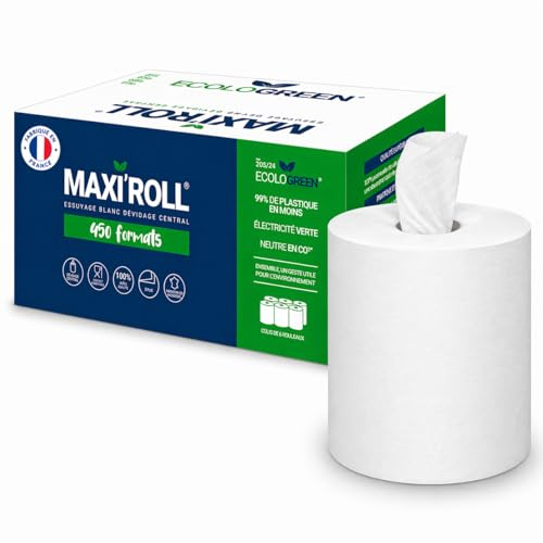 6 Rouleaux bobines, d'Essuyage Central, 450 Formats, 2 Plis, Super Absorbant, Blanc, 100% Ouate de Cellulose, 19x30 cm