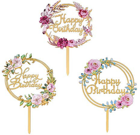 3 Pcs Flowers Cake Toppers Acrylic Happy Birthday Cake Toppers Various Birthday Party Wedding Cake Decoration