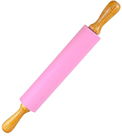 [mase home] Silicone Rolling Pin for Baking – 17 Non-Stick Dough Roller with Wooden Handles (Pink)