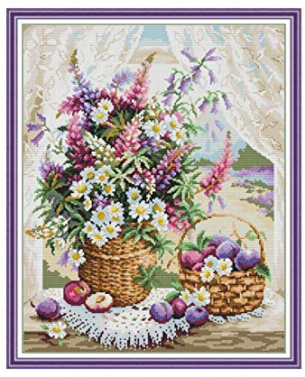 CaptainCrafts Cross Stitch Kits Flowers Counted Cross Stitch Unpreprinted Fabric DIY Cross Stitch Art Embroidery Kits Needlework Crafts (Counted 14CT, Window Sill Flower Basket)