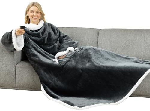 Winthome Double Warmer Wearable Blanket with Sleeves, Super Soft Sherpa Blanket for Adult Women Men (Grey)