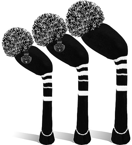 Golf Head Covers Woods Driver Fairway Hybrid 3 Pcs,Golf Headcover Pom Knitted Number 1 3 5 for Men Women Anti-Wrinkle Washable Soft Portable Color Blue Red (Black/White)