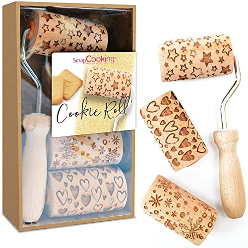 SCRAP COOKING 3963 - Kit de rollo de galletas con 3 mini rodillos de madera con motivos - Huellas decorativas grabadas en relieve - Molde para galletas, galletas de mantequilla, galletas