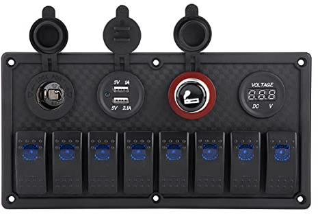 8-fach Schalterpanel 12V 24V, mit 2 USB Ladeanschlüssen Voltmeter blaue LED, IP68 wasserdicht, für Auto Boot Yacht Wohnmobil Bus