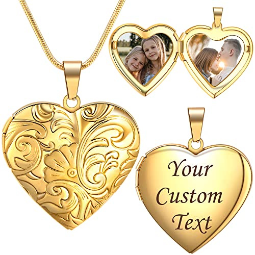 Farfume Personalisierte Foto-Medaillon-Halskette – Herz Medaillon mit Gravur Text und 2 Zwei Fotos – Kette mit Bild （Gänseblümchen-Golden）