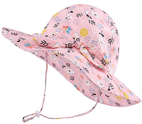 LACOFIA Cappellino Estivo da Sole per Neonata UPF 50+ Cappello da Pescatore per Bambina Berretto Mare con Sottogola Regolabile Fiori Rosa 6-18 Mesi