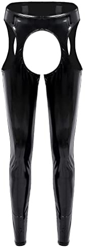 Agoky Dam Wetlook Byxor Ouvert Pantyhose Sexiga Öppna Kors Latex Metalliska Glitter Leggings Långa Bakifrån Öppna Trosor Erotisk Nattklädsel Festkläder Clubwear, Svart D, S