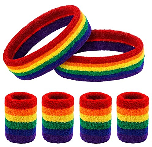 6 Pezzi Fascia Sudore Testa Uomo Arcobaleno con Sportiva Set di 2 Fasce per Testa e 4 Fascia Polso Tennis Palestra Braccialetti Fascia per il Sudore a Righe Colorate per Uomini Donne