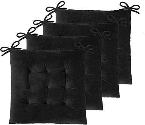 ELFJOY Set of 4 Square Chair Pads Indoor Seat Cushions Pillows with Ties Thick Soft Seat Cushion for Kitchen Dining Office Chair (18, Black)