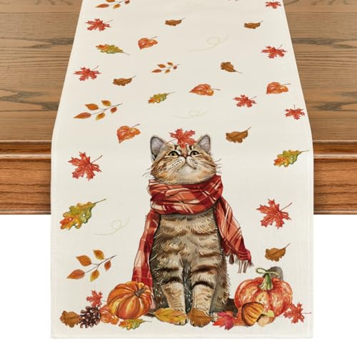 Artoid Mode Katze Kürbisse Ahornblätter Herbst Tischläufer 40x180 cm | Saisonal Hause Wohnzimmer Tisch Dekoration Drinnen Urlaub Party Dekor