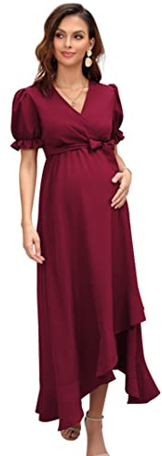KOJOOIN Damen Umstandskleid V-Ausschnitt Stillkleid Kurzarm Schwangerschaftskleid mit Rüschen Blumenkleid Weinrot Blumen M