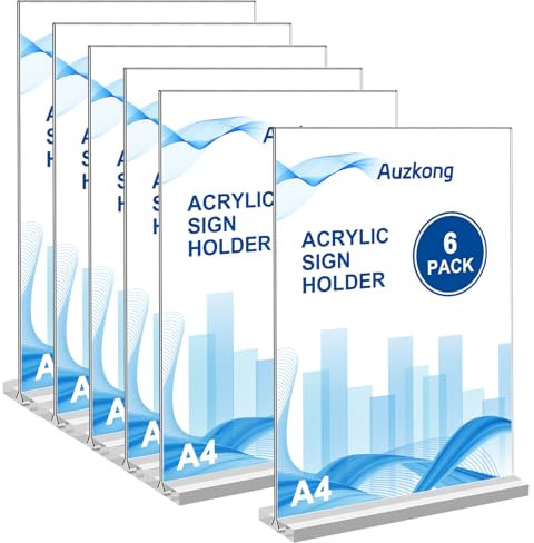 A4 Acryl Zeichen Halter, Doppelseitiger vertikaler Ausstellungsstand, Plastikpapierhalter, T-förmiger Desktop Display Stand, Tisch Menü Display Stand für Restaurants, Büro, Geschäft, Show (A4-6 Pack)