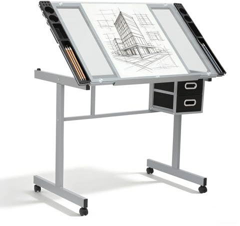 Magshion Professional Drafting Table for Adults Teens, Tilting Glass Tabletop Art Craft Desk Diamond Watercolor Paintings Sketching Work Station for Home Office Reading, Writing, Crafting (Clear)