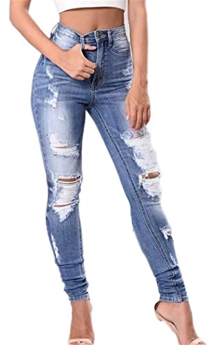 Pantalons en Denim Troué Stretch Haute Jeans élastique Ripped Sexy Déchiré Push Up Jean Femme Skinny Hole élastiques Pantalons Grande Taille Jegging Taille Haute Casual Rétro Jeans à Trou Femme