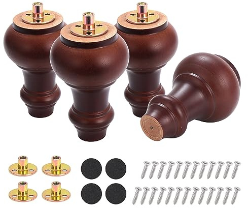 Moendergo Möbelbeine aus Holz, Ersatzbeine aus massivem Gummibaumholz, Sofabein, Couchbein, Tisch, Kommode, Beine mit Schrauben, Montageplatte und Anti-Rutsch-Schutz, 4 Stück (Braun B)