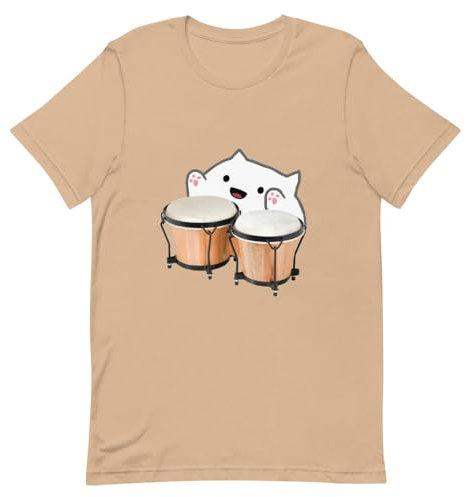 Lustiges Bongo-Katzen-T-Shirt mit niedlichem Musikinstrument, Kätzchen, Meme, Cartoon, Unisex, Hellbraun, Groß
