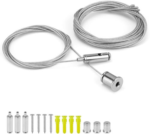 4 Stück Edelstahl Draht Seil, MYLERCT Verstellbarer Drahtseilhalter, 1,5mm × 2m Stahlseil mit ösen, Metall Fotoleine für Gardinen Bilder Lampe