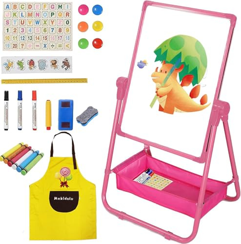 Tafel kinder,Mit Schürze, Alphabet Cartoon,Doppelseitige Magnettafel Maltafel Schreibtafel Kinder,Um 360° drehbar,63-107cm Hoch Verstellbar, Geschenk mädchen 3 4 5 7 8 jahre（Rosa）