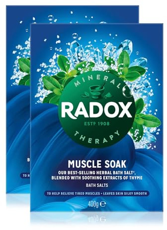 Radox Muscle Soak Bath Therapy Thyme Scented Herbal Bath Salt with expertly Blended Herbs and Minerals to Soothe and soak Your Tired and Aching Muscles, 400g Multi Buy 2 Pack