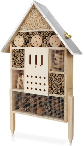 WILDLIFE HOME Insektenhotel XXL Stehend Bienenhotel mit Standfuß 79 cm & Metalldach I Groß Wildbienenhotel, Insektenhaus für Bienen, Marienkäfer & Schmetterlinge, fertiges Insektenhotel kein Bausatz