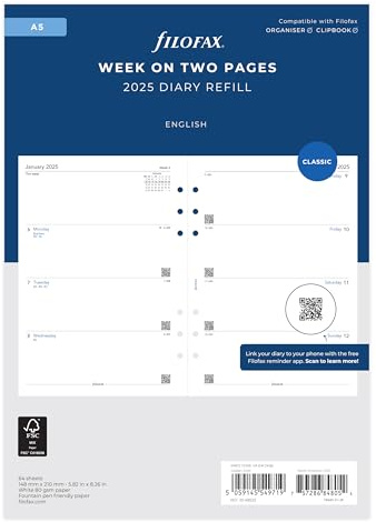 Filofax A5 Woche auf zwei Seiten, 5-sprachiger Terminplaner für 2025