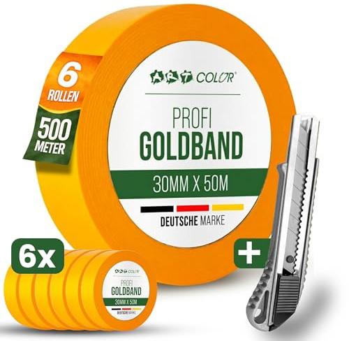 ART COLOR 6x Profi Goldband 30mm x 50m inkl. Cuttermesser - Maler Klebeband für exakte Farbkanten - UV beständiges Abklebeband - Alu Teppichmesser