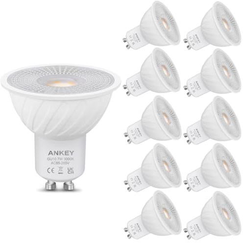 Ankey Bombillas LED GU10 de 7W (equivalente a 60W), Color Blanco Cálido 3000K, 650 Lúmenes, aptas para iluminación de carril y casas empotradas,Bombillas de bajo consumo, no regulables,Pack de 10
